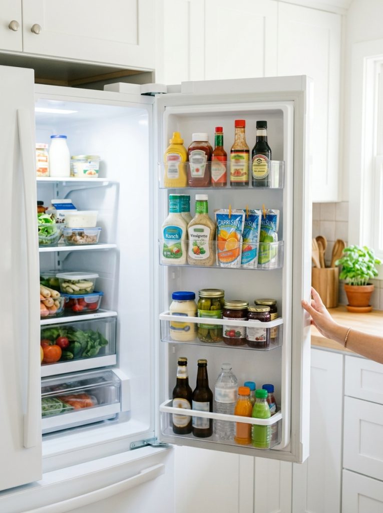 Open refrigerator door with clip on organizer holding condiments dressings and drink pouches neatly