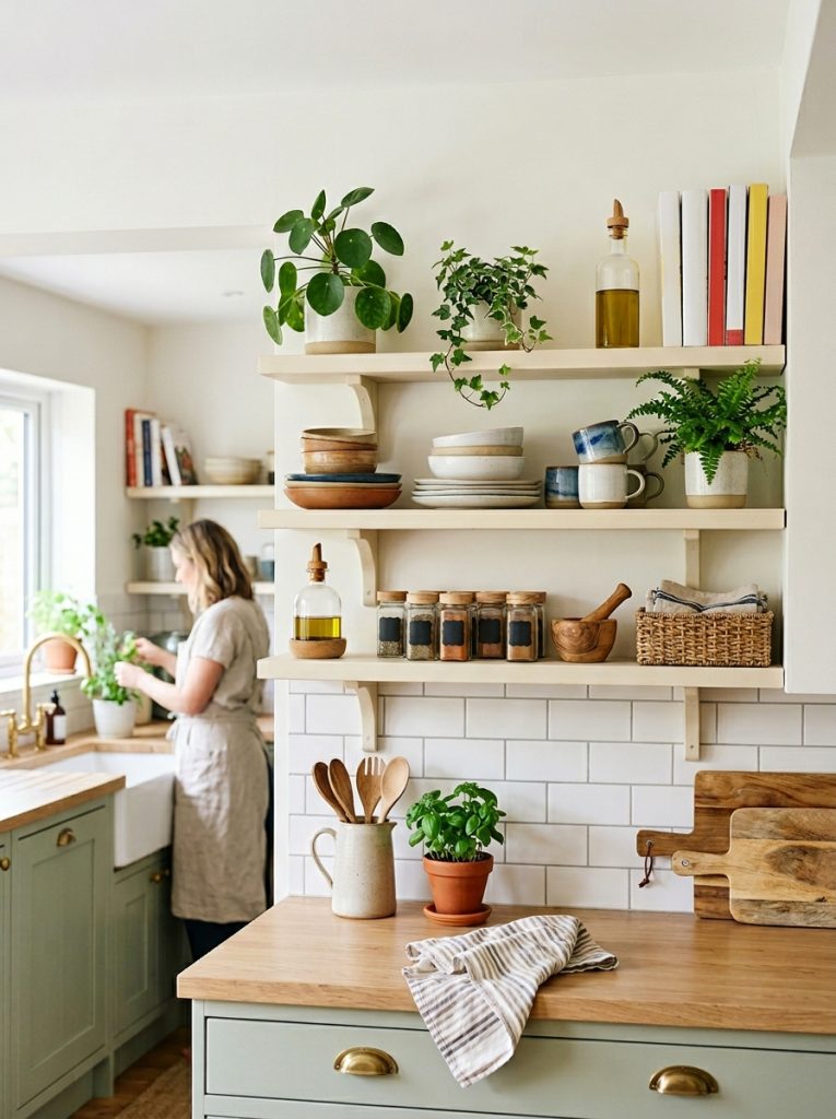 Beautiful open shelf kitchen DIY with cabinet doors removed shelves styled with dishware plants cookbooks decorative items professionally designed