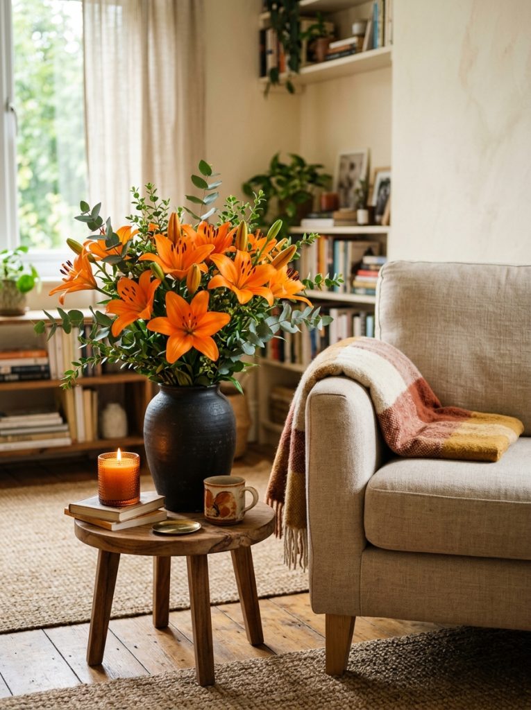 Beautiful warm living room corner with orange lilies dark ceramic vase natural linen armchair wooden side table orange candle