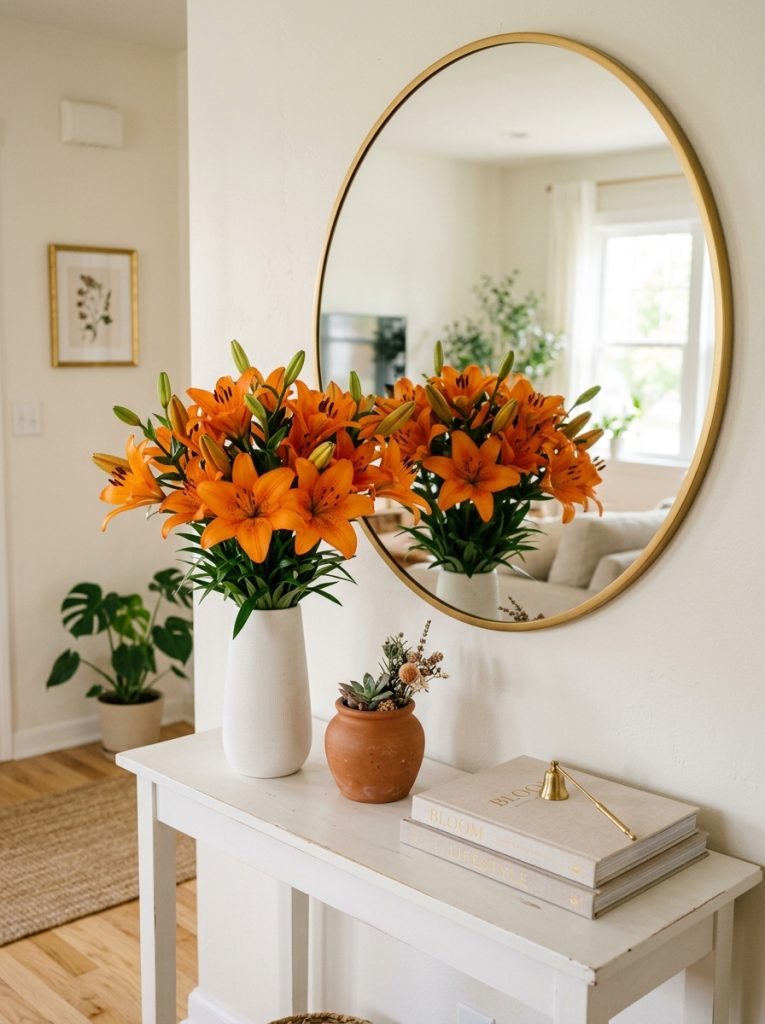 Beautiful orange lilies bouquet aesthetic console with bouquet white vase terracotta ceramic round gold mirror reflection