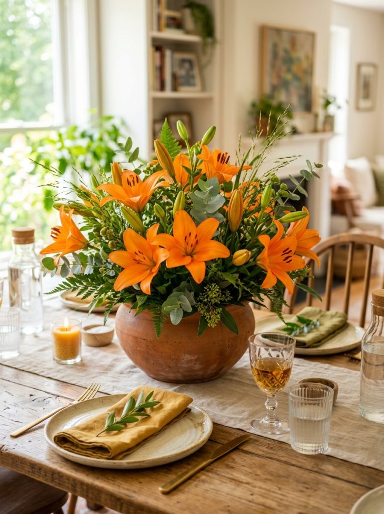 Beautiful dining table with orange lilies flower decor arrangement wide terracotta bowl vivid orange blooms and soft greenery