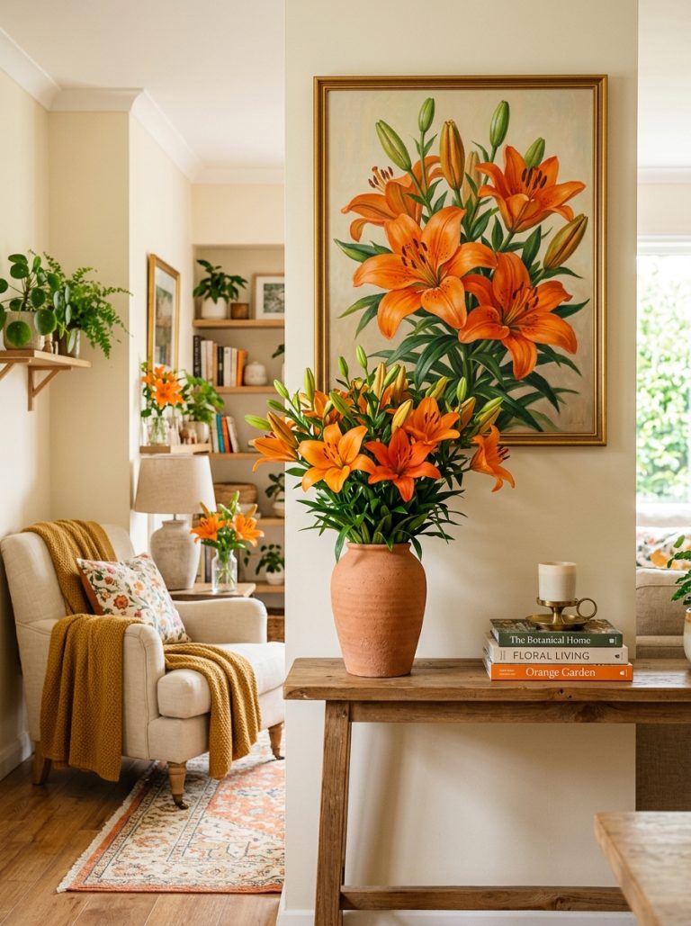 Beautiful living room with orange lilies painting on wall orange lily bouquet terracotta vase console table warm atmosphere.