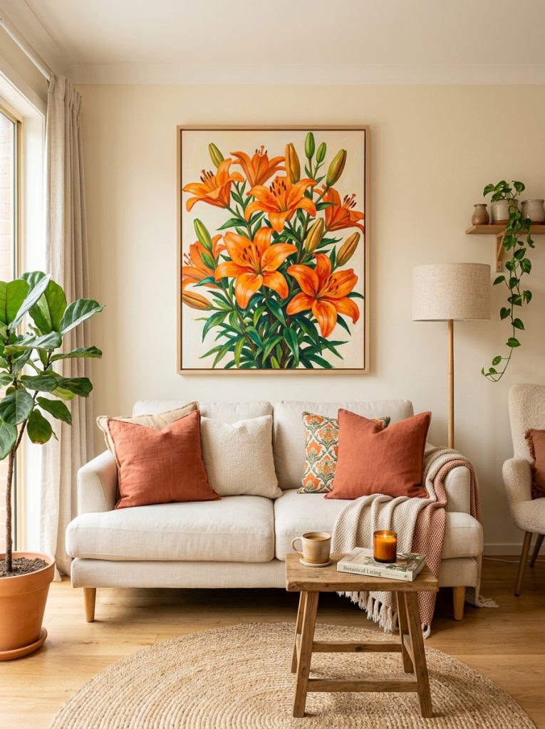 Beautiful living room with orange lilies painting above cream sofa terracotta cushions and slim wooden floor lamp