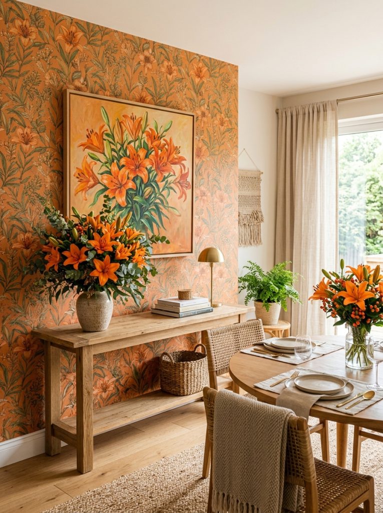 Complete orange lilies room with painting wall bouquet console orange wallpaper and arrangement dining table warm botanical styling