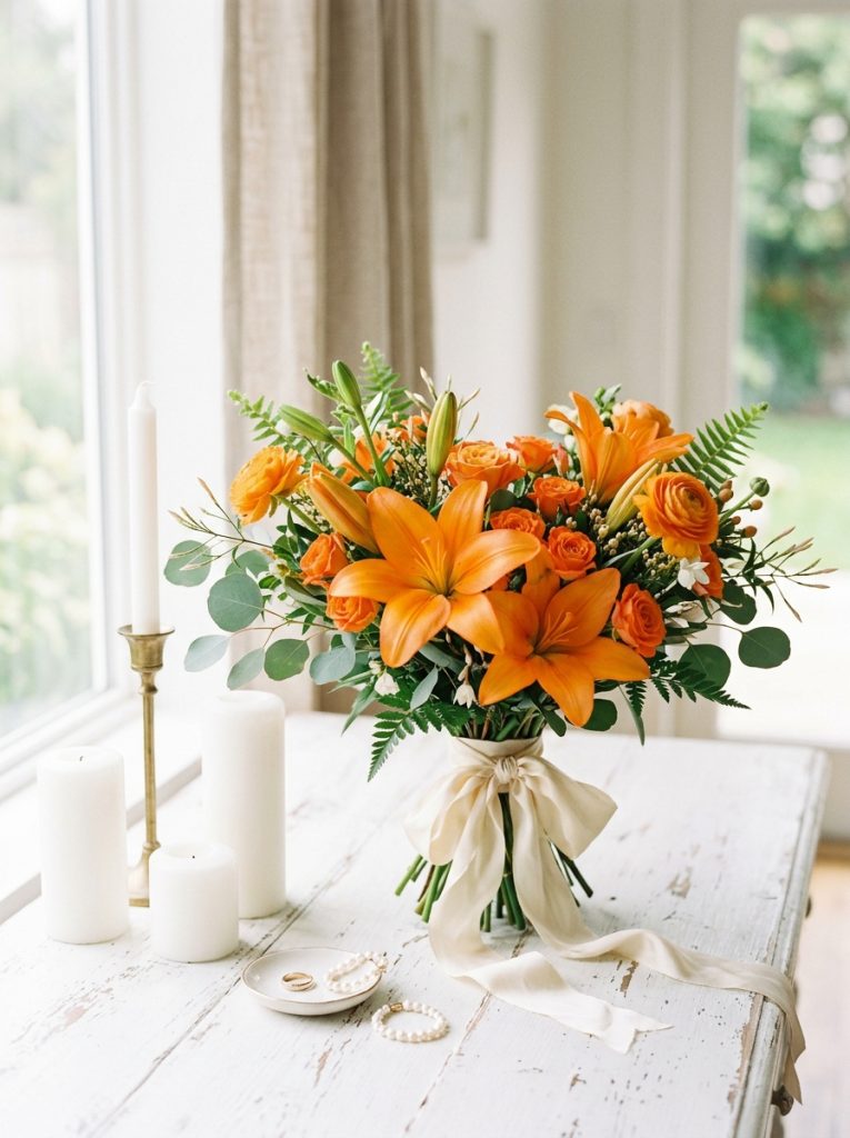 Beautiful orange lilies wedding bouquet white surface cream ribbon minimal candles soft natural lighting
