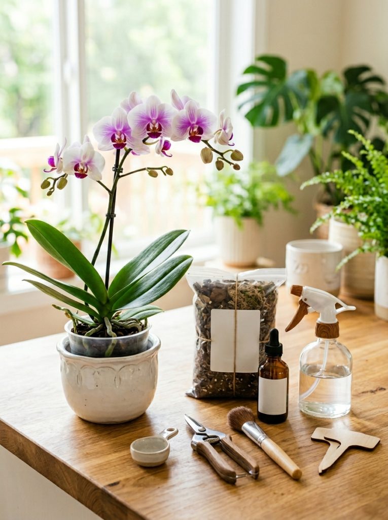  Orchid care kit with potting mix fertilizer and tools laid out neatly beside healthy orchid plant