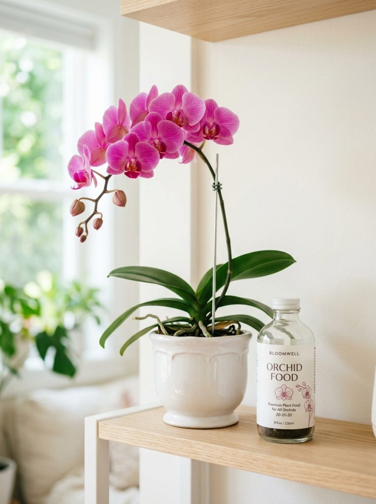 Bottle of orchid fertilizer beside healthy blooming orchid plant on bright indoor shelf soft light
