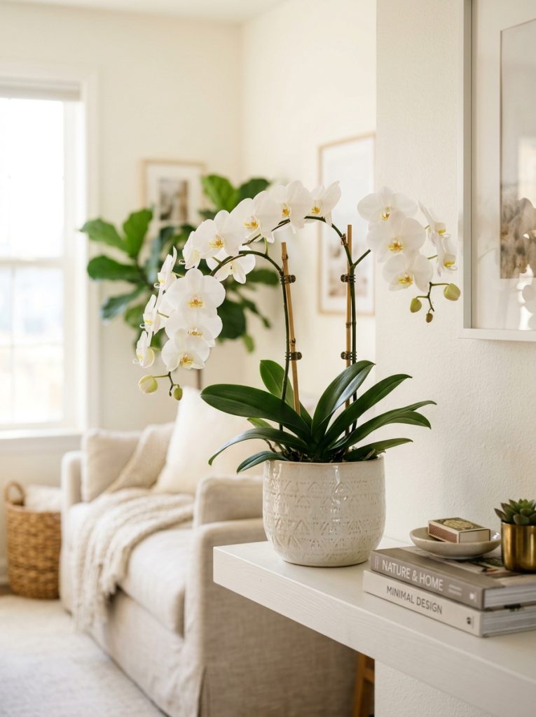  Beautiful orchid plant in elegant decorative ceramic planter on bright living room shelf soft warm light