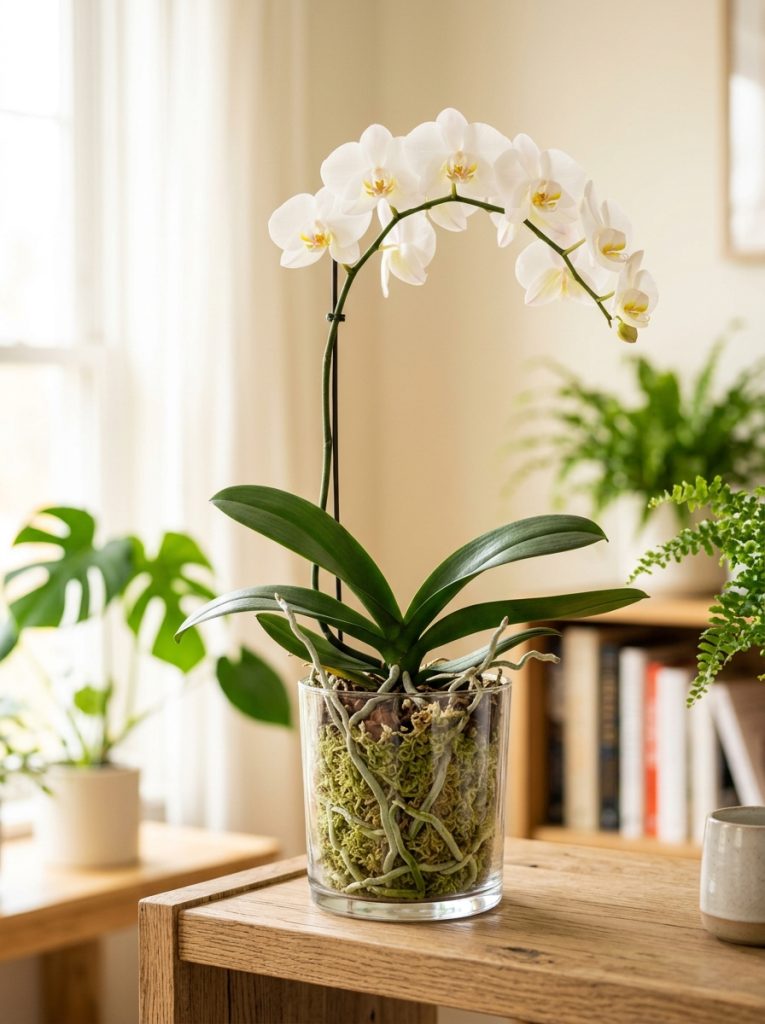 Orchid plant potted in pale green sphagnum moss in clear pot with healthy white roots visible