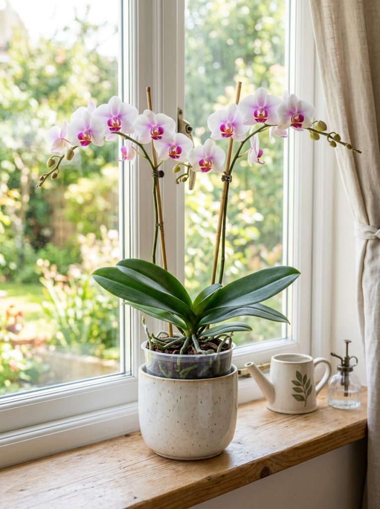  Orchid in clear plastic nursery pot inside decorative ceramic outer pot on bright windowsill roots visible