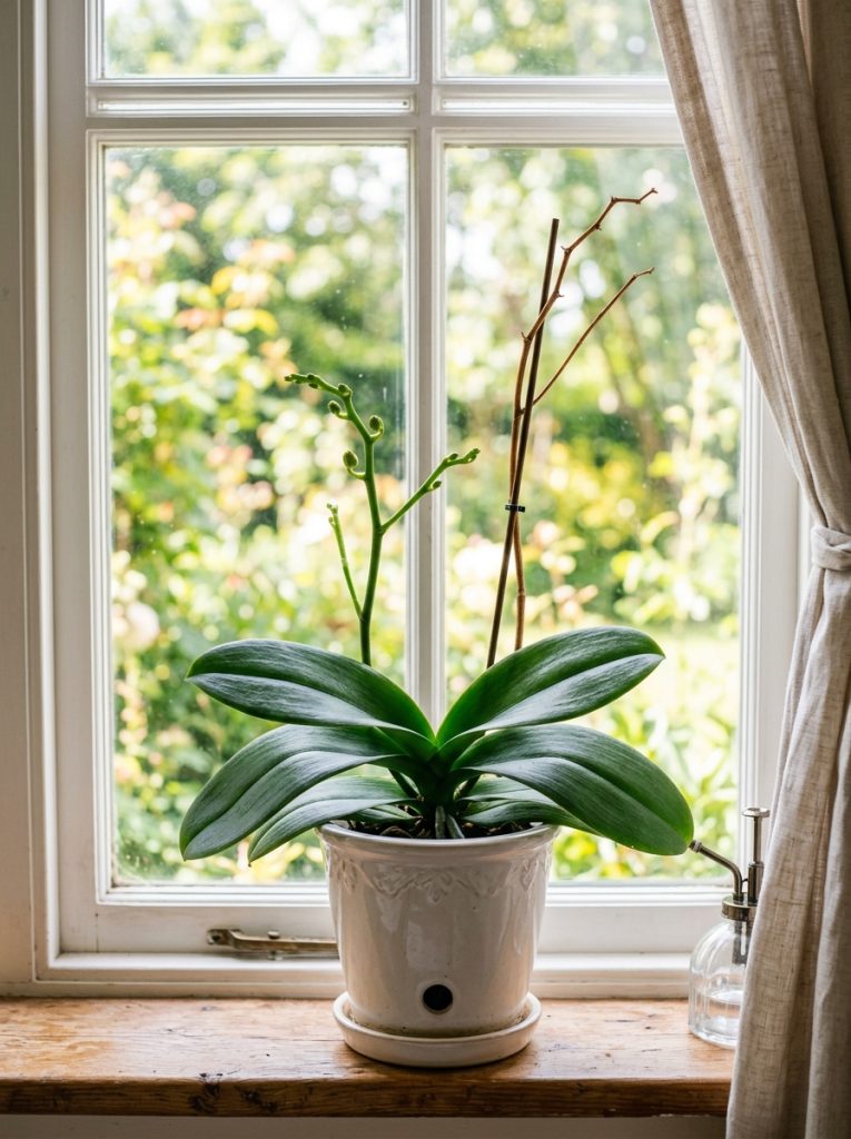  Orchid plant with new green spike emerging from base beside old bare stem on bright windowsill