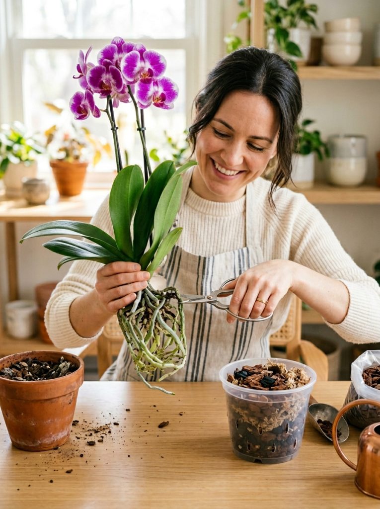  Orchid plant being removed from old pot with roots inspected before repotting into fresh bark mix