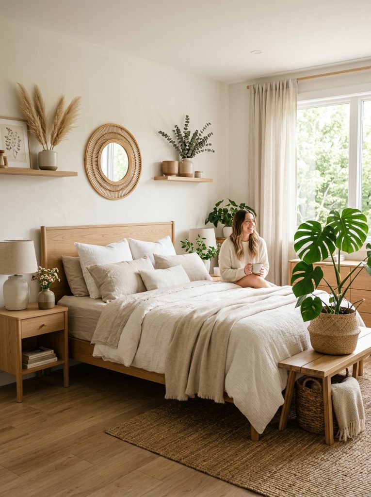  Beautiful organic modern neutral bedroom with wood furniture linen textiles rattan accessories plants organic textures in warm neutral tones