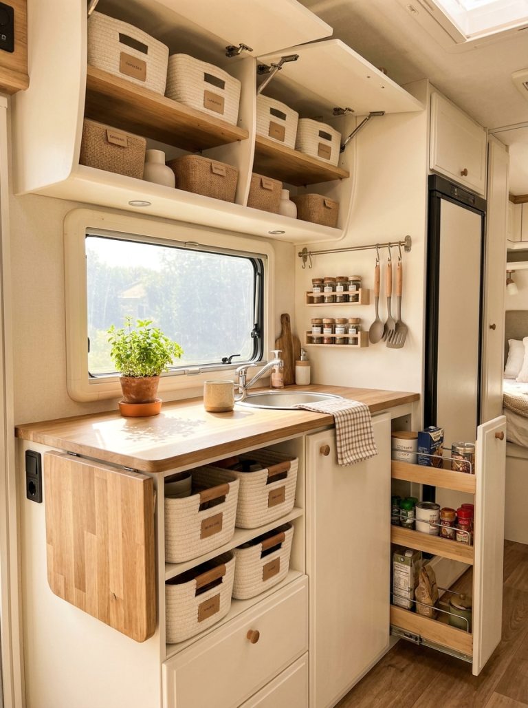 Neatly organized RV kitchen interior with mounted organizers labeled bins and space saving racks in bright compact kitchen