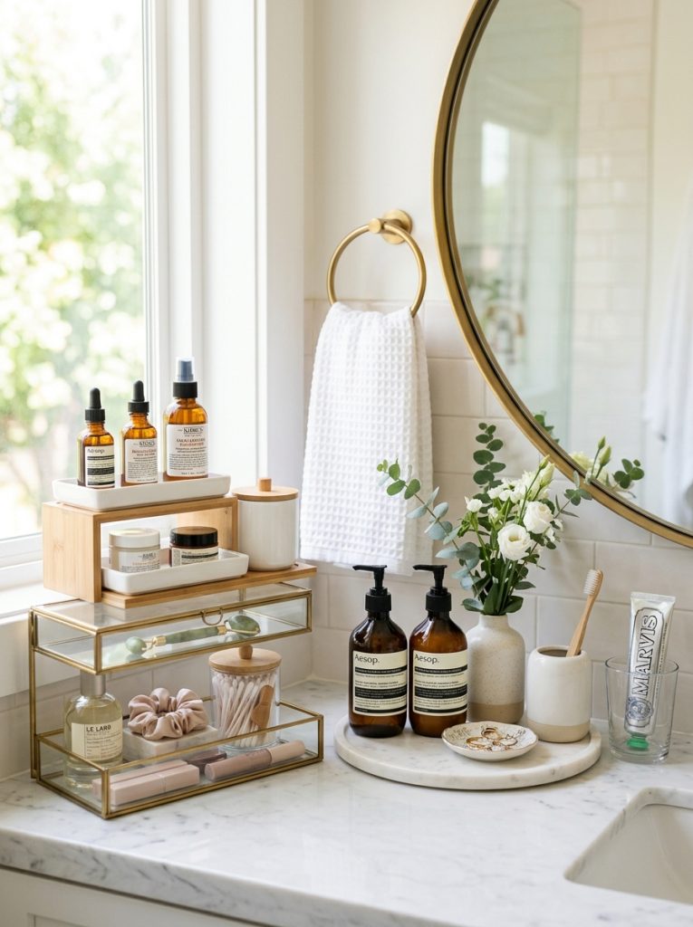 Beautiful bathroom counter organizer storage with counter systems for skincare toiletries and accessories in organized attractive display 