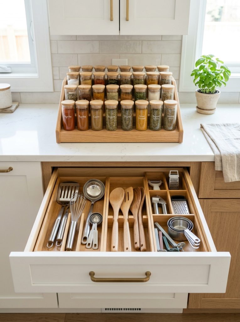 Beautifully organized kitchen cabinet drawers with quality organizer systems for utensils spices and kitchen items in efficient storage