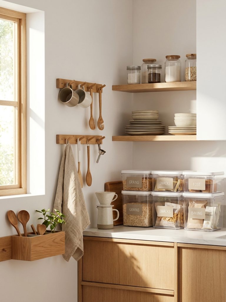 Beautifully organized small kitchen with wall racks open shelves pantry bins and counter organizers in bright minimal kitchen