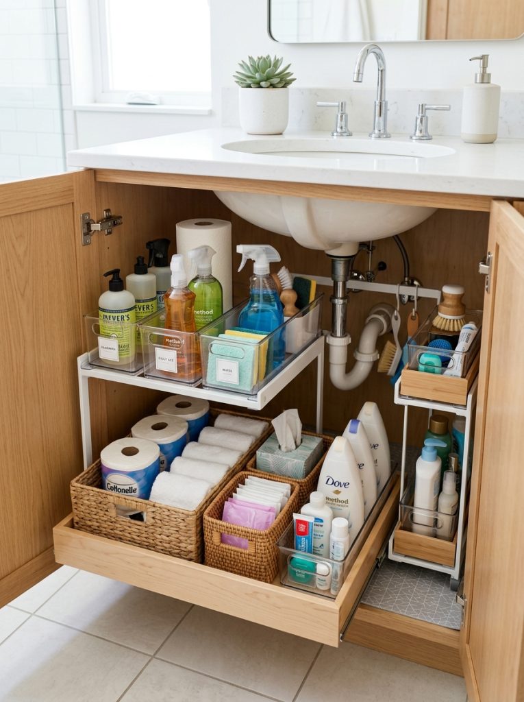 Beautifully organized under sink bathroom storage with quality organizers for cleaning products toiletries essentials in efficient cabinet