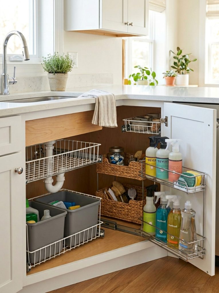 Organized under sink corner kitchen cabinet with pull out bins and cleaning supply organizer