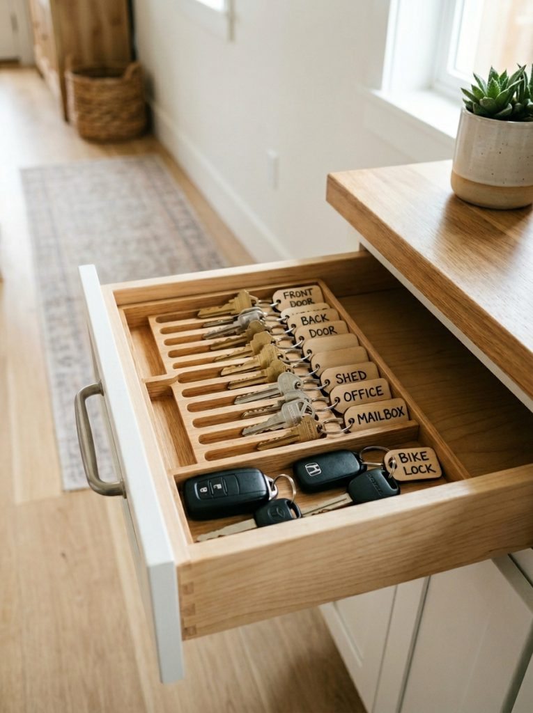 Key organizer insert in hallway drawer holding spare house keys car keys and labeled key tags in separate compartments