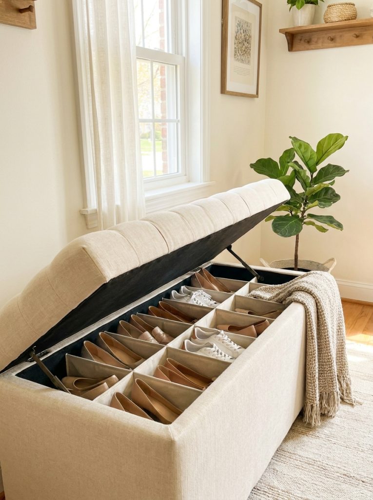 Beautiful hidden ottoman shoe storage with elegant upholstered ottoman opening to reveal neatly organized shoes inside as dual-purpose furniture