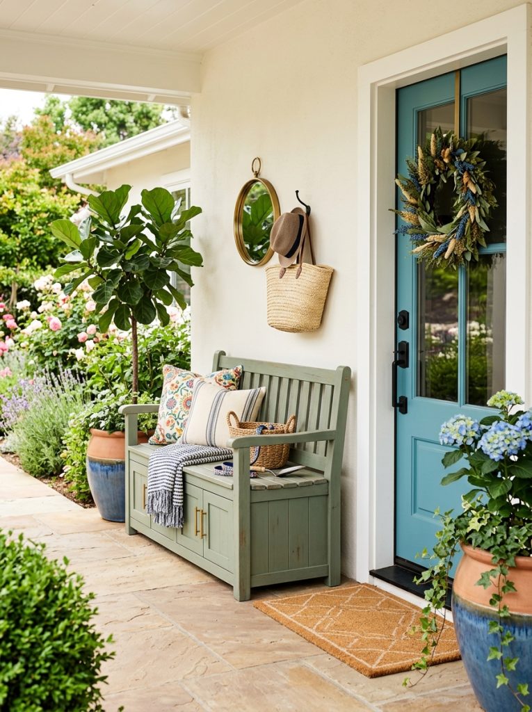Beautiful outdoor entryway bench with storage beside front door with cushions potted plants and coordinating decor as welcoming functional display 