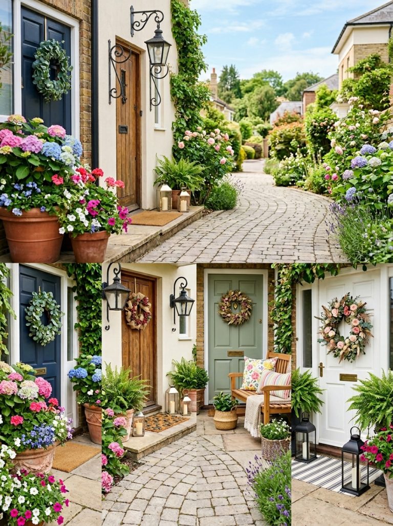 Beautiful outdoor entryway decor display with flower planters lantern-lit entrance welcoming bench and wreath-decorated front doors