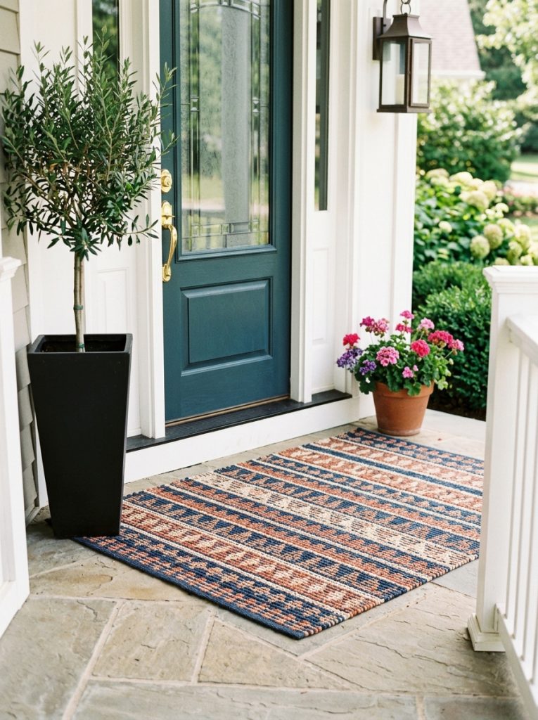 Beautiful weather-resistant outdoor entryway rug with patterned textured design adding warmth color and definition to front entrance 
