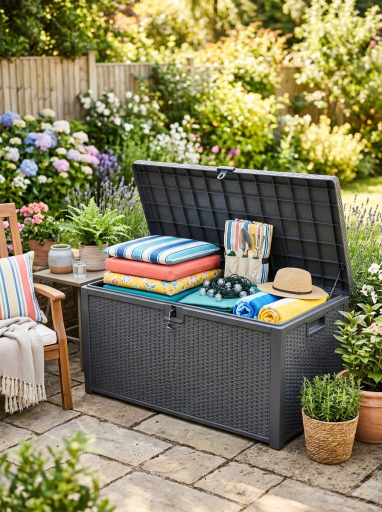 Large weatherproof outdoor storage box on patio with lid open showing neatly stored patio cushions and outdoor accessories