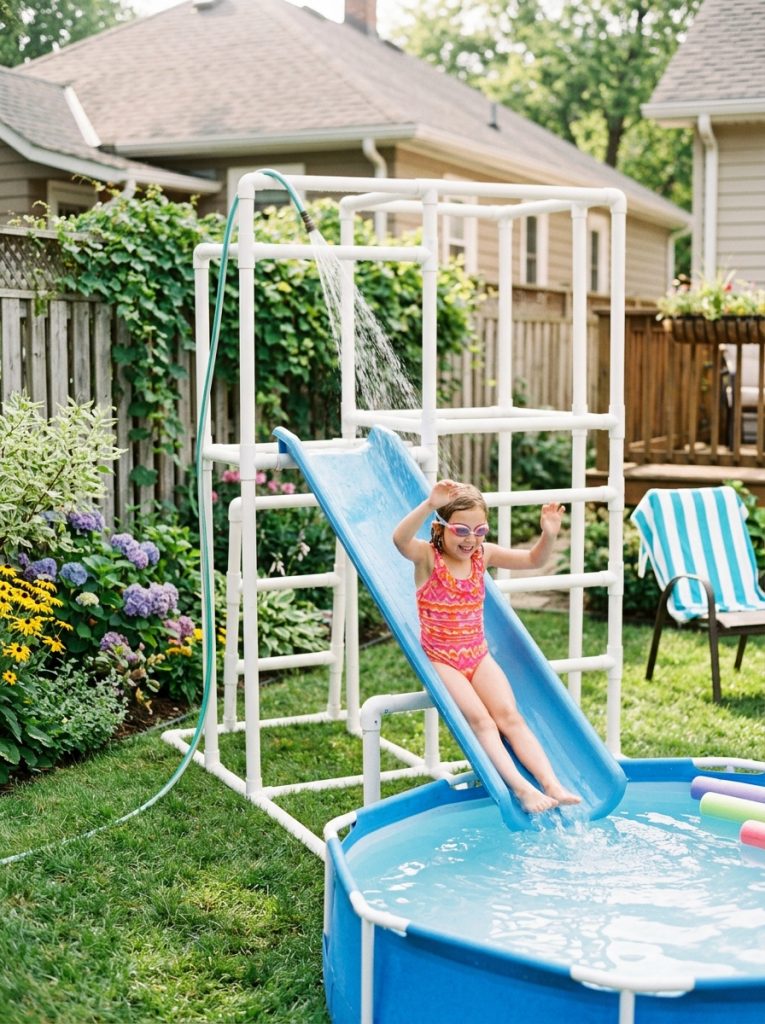 Creative PVC pipe DIY pool slide with white pipes assembled into water slide frame and smooth channel beside above ground pool with hose