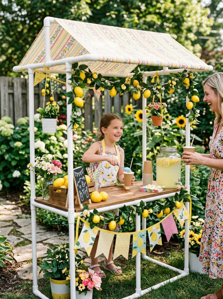 Clever PVC pipe lemonade stand DIY with white pipes assembled into lightweight portable frame with fabric covering and summer decorations