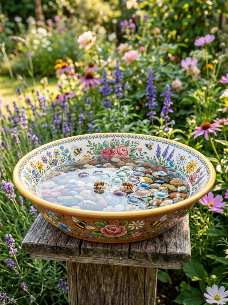  Beautifully painted bee bath DIY with ceramic dish painted with floral designs bee motifs and colorful patterns filled with water and pebbles