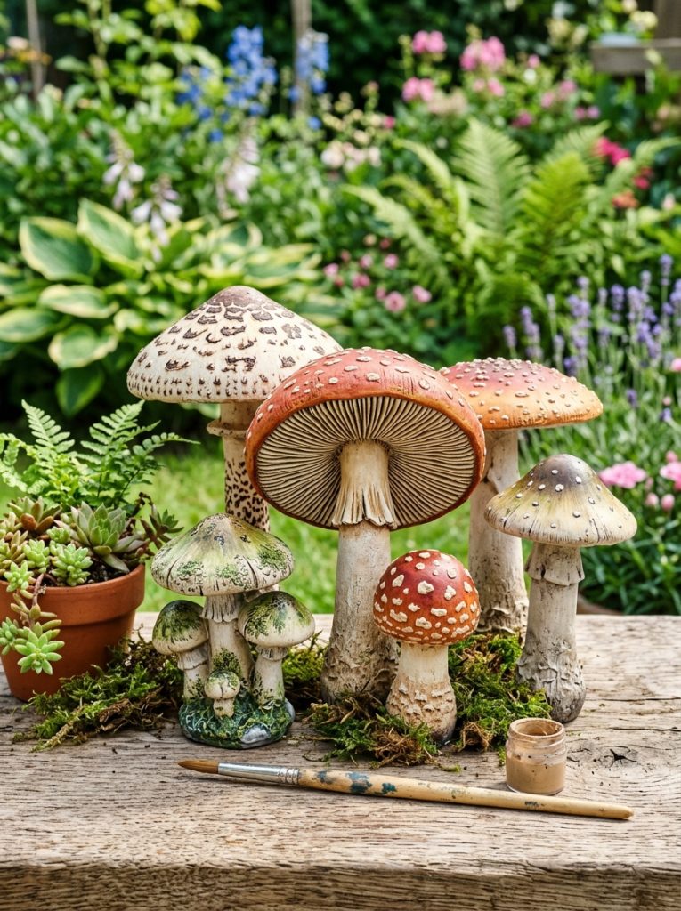 Beautifully detailed painted cement mushrooms DIY with fine brush gill details precise spot patterns realistic cap texture and detailed painting