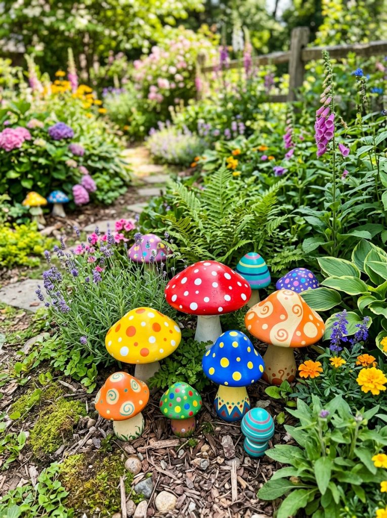 Beautifully painted cement mushrooms DIY in vibrant red white spots yellow orange blue spotted designs creating colorful whimsical garden display