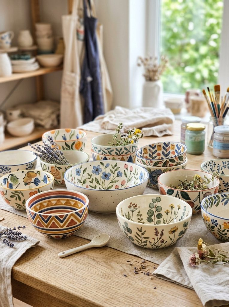 Beautiful painted ceramic bowl pottery with floral interiors geometric exteriors abstract patterns and botanical illustrations on white bowls 