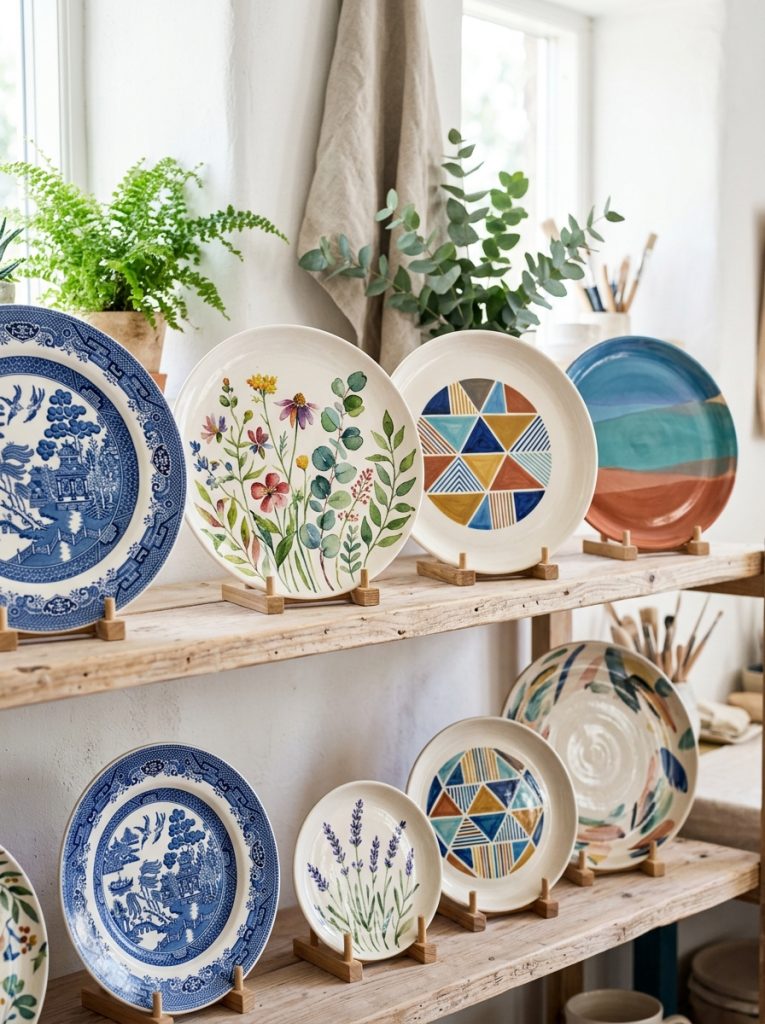 Beautiful painted ceramic plate pottery with blue white rim geometric center botanical paintings and elegant color-field art on white plates 