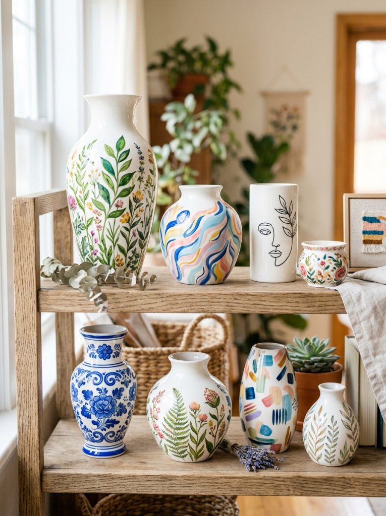 Beautiful painted ceramic vase pottery with botanical tall elegant abstract flowing blue white classic and minimalist line designs on vases 