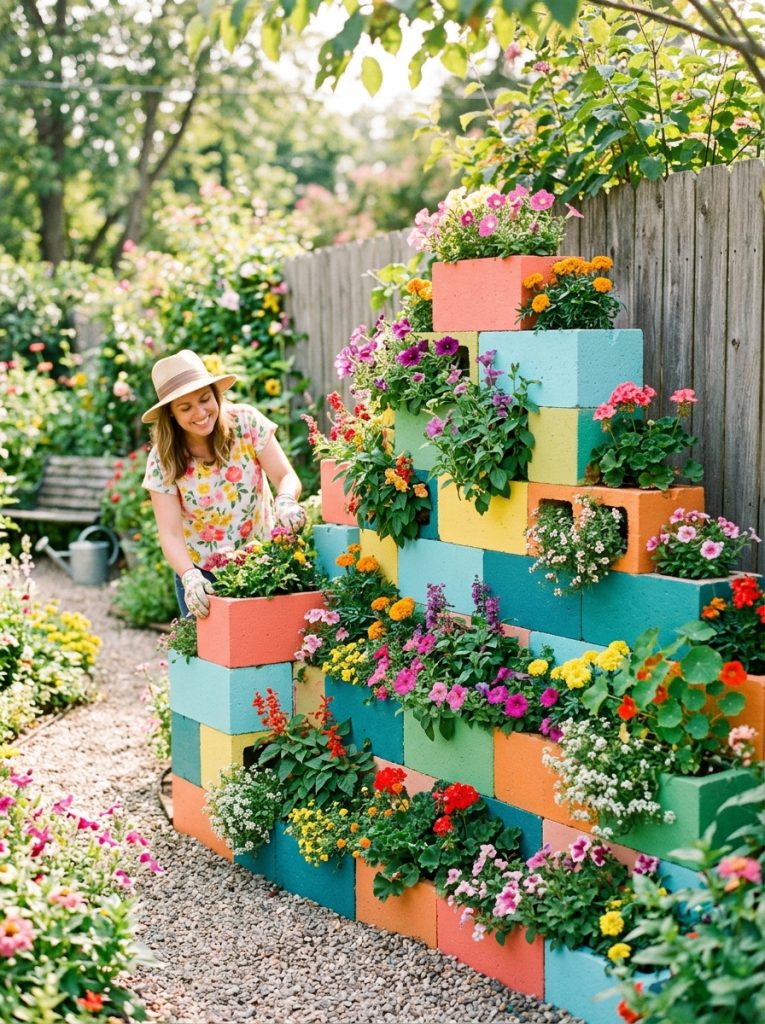  Beautifully painted cinderblock garden ideas with raised beds walls and features in cheerful colors creating bright attractive garden displays