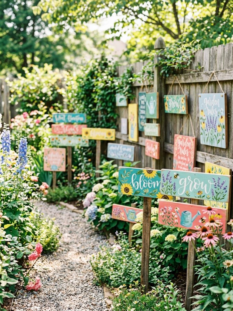 Beautifully painted garden signs DIY with vibrant weatherproof paint botanical designs garden quotes flower illustrations on stakes and fences 