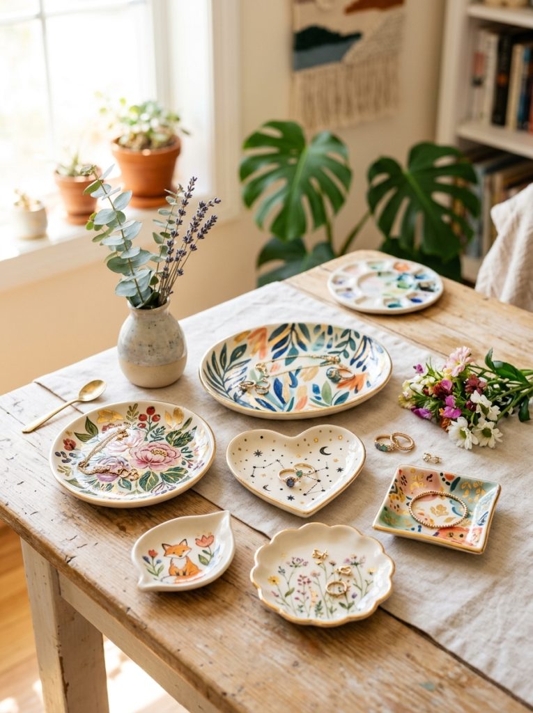 Beautiful painted jewelry dish pottery with gold leaf floral abstract celestial and sweet character designs on ceramic dishes