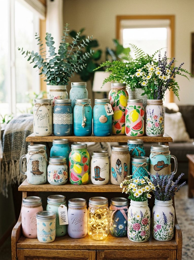  Complete mason jar painting ideas collection with vintage ocean summer fruit western chalk paint fairy light and floral designs displayed
