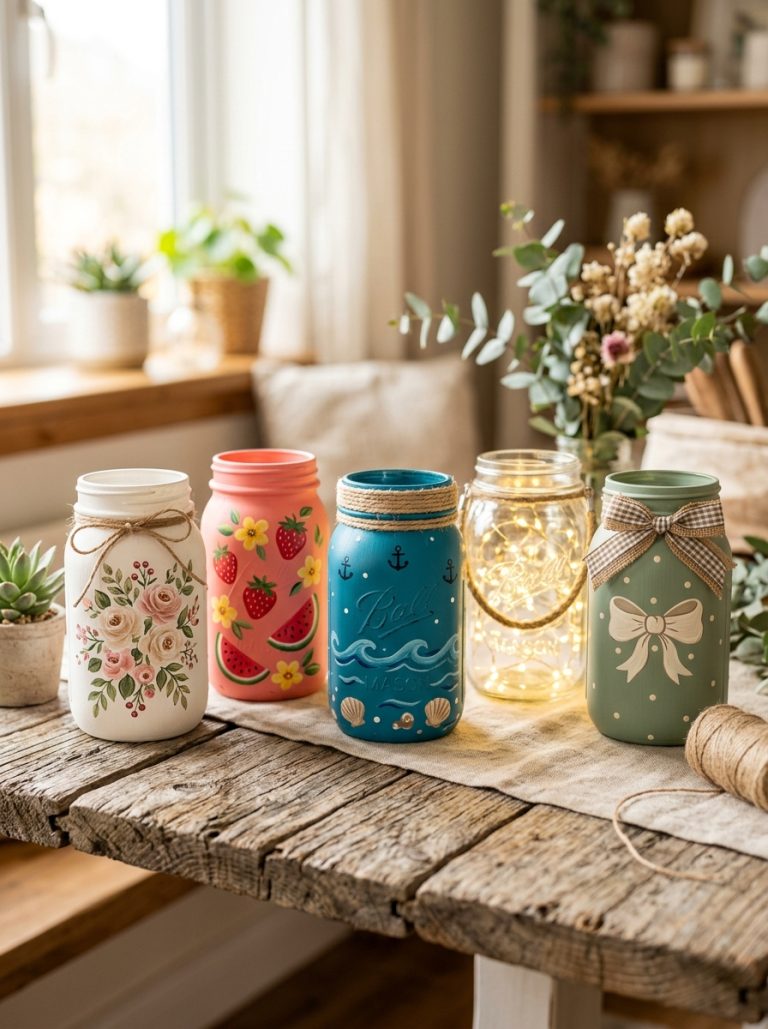 Beautiful mason jar painting ideas display with vintage floral ocean blue summer fruit fairy lights and bow designs on rustic wooden surface