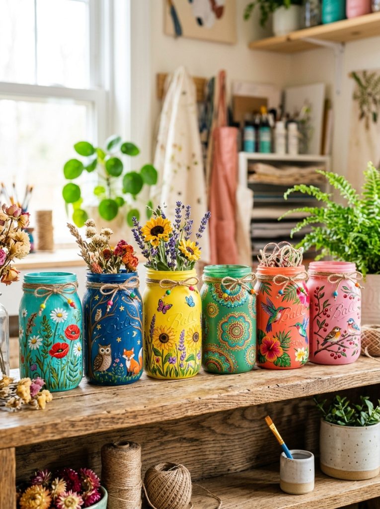 Beautifully painted acrylic glass mason jars in bright vibrant colors with detailed flowers animals and patterns 