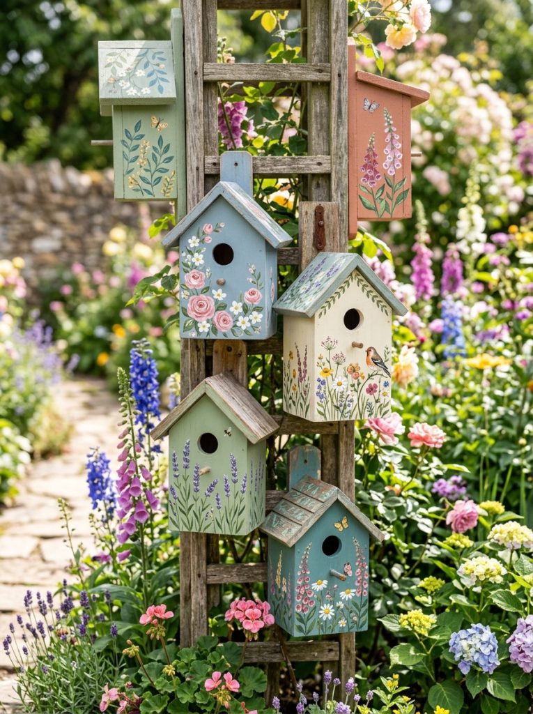  Beautifully painted recycled DIY birdhouses with cottage garden floral botanical designs in soft coordinating colors as garden decorations .
