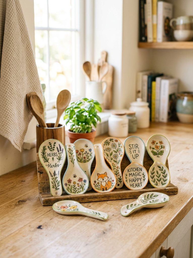 Adorable painted spoon rest pottery with herb plant illustrations kitchen quotes botanical patterns and sweet character designs on ceramic 