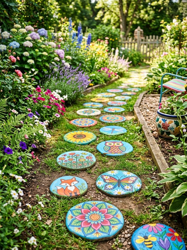 Beautiful painted stepping stones DIY with vibrant flowers mandalas animals and decorative patterns displayed along colorful garden path