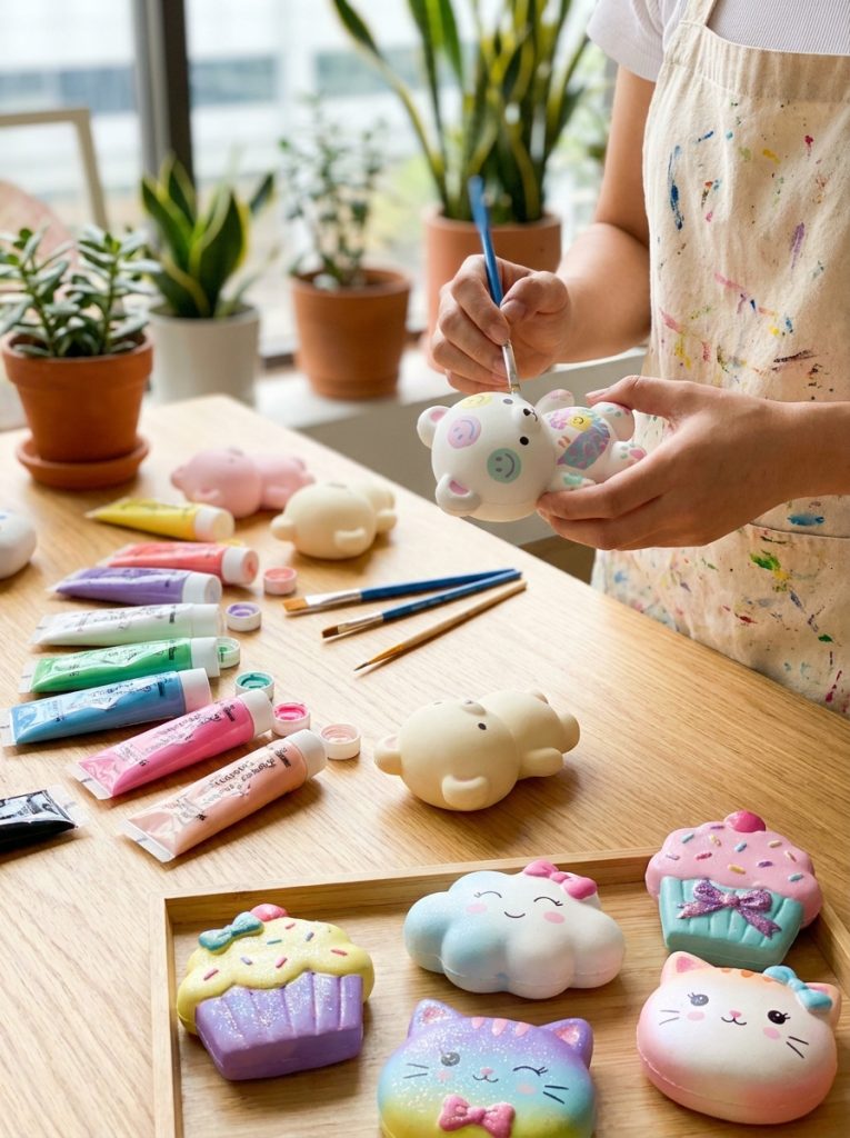 Beautiful squishy painting with plain foam squishies being decorated with kawaii expressions bright colors and detailed designs