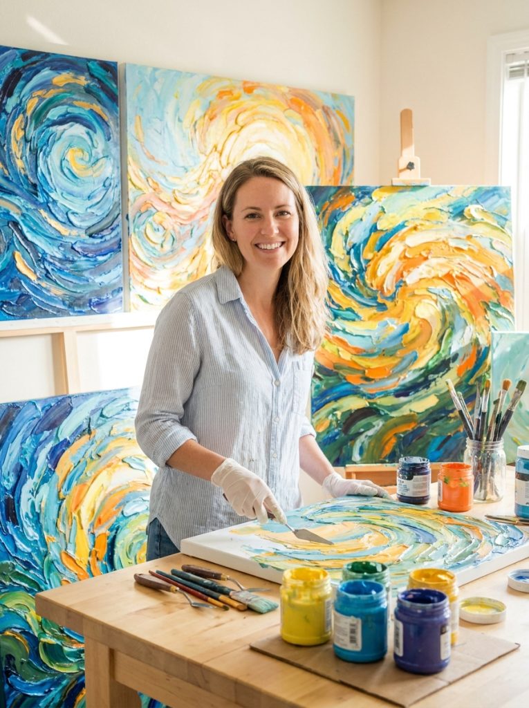 Beautiful palette knife acrylic painting ideas with thick impasto texture dimensional paint application in vibrant abstract colors 