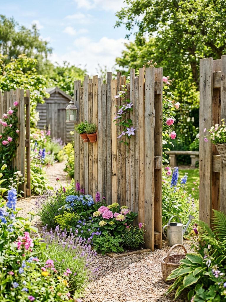 Beautiful pallet wood garden fence with reclaimed boards as charming rustic boundary solution with natural wood character in bright garden 