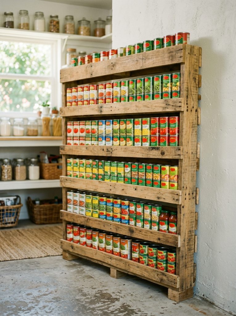 Homemade pallet wood storage rack holding rows of canned goods in a pantry or garage setting